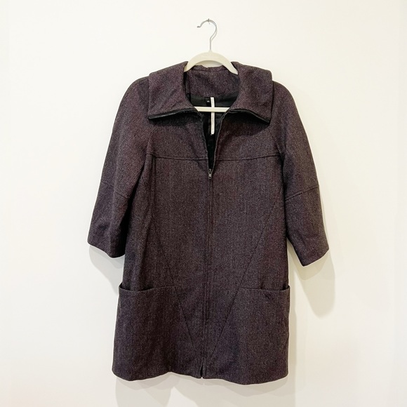Topshop Jackets & Blazers - Topshop Wool Tweed Pea Coat 3/4 Sleeve Herringbone Zip-Up Jacket